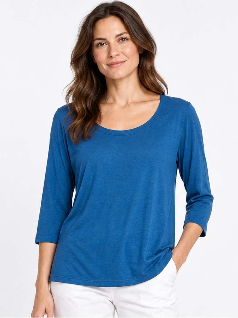 Eileen Fisher Top Silk Cotton Knit 3/4 Sleeve Scoop Neck XL Blue Lightweight